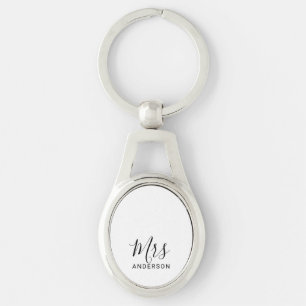 Mr and Mrs   Black and White Modern Script Wedding Keychain