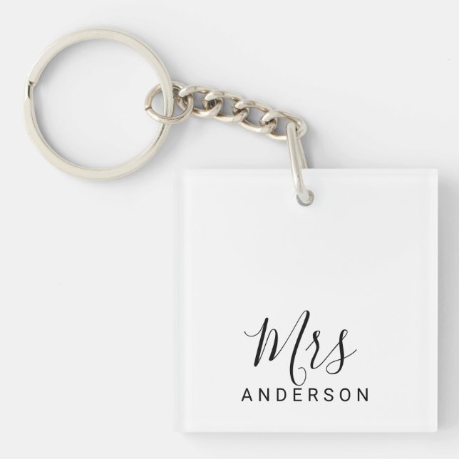 Mr and Mrs | Black and White Modern Script Wedding Keychain (Front)