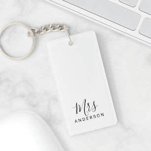 Mr and Mrs Black and White Modern Script Wedding Keychain