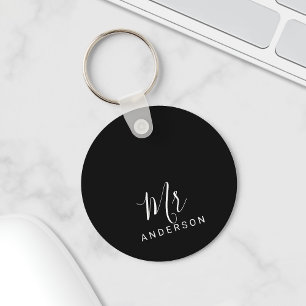 Mr and Mrs   Black and White Modern Script Wedding Keychain