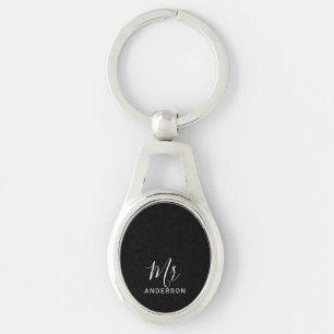 Mr and Mrs Black and White Modern Script Wedding Keychain