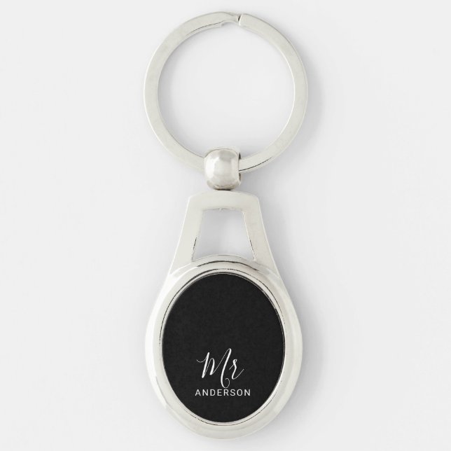 Mr and Mrs | Black and White Modern Script Wedding Keychain (Front)