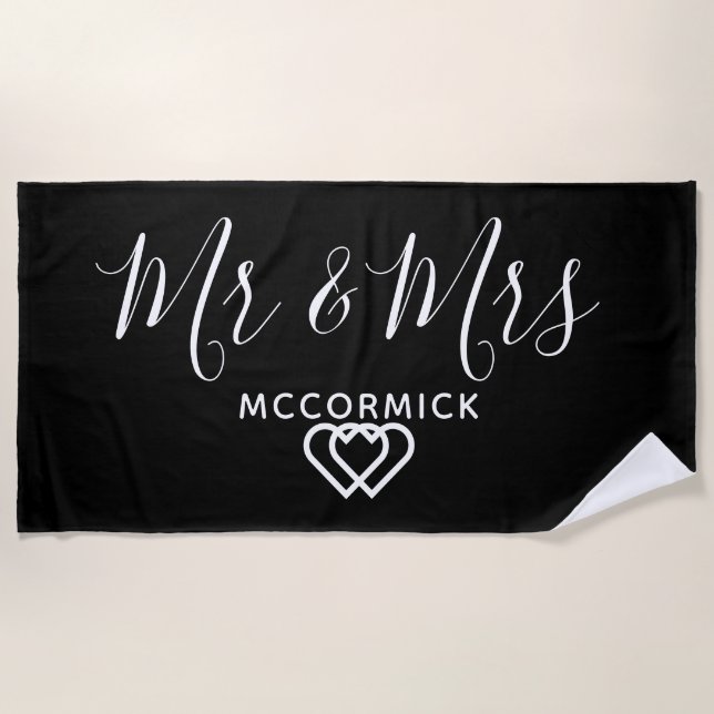 Mr And Mrs Black and White Monogram Personalized Beach Towel (Front)
