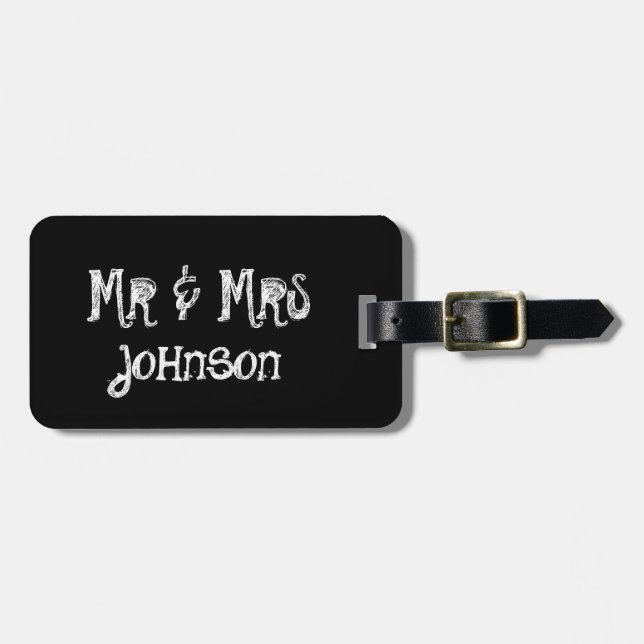 Mr and Mrs black chalkboard travel luggage tag (Front Horizontal)
