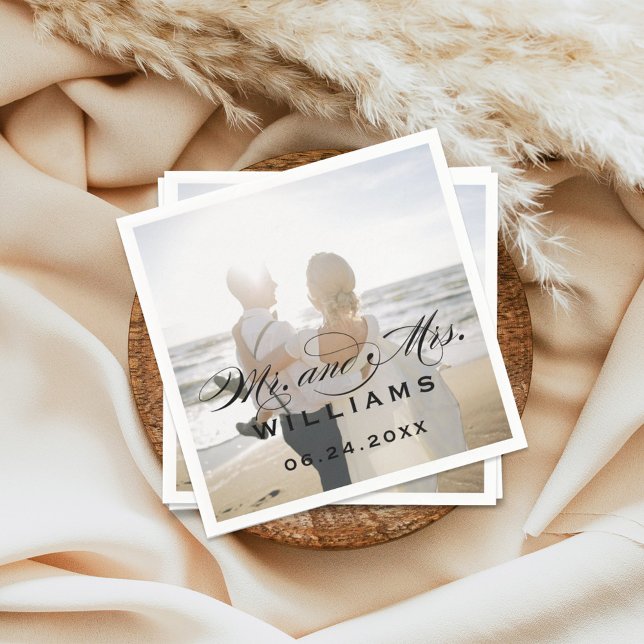 Mr and Mrs Black Elegant Script Wedding Photo Napkin (Creator Uploaded)
