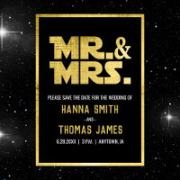 Mr and Mrs Black Gold Sci Fi Theme Wedding