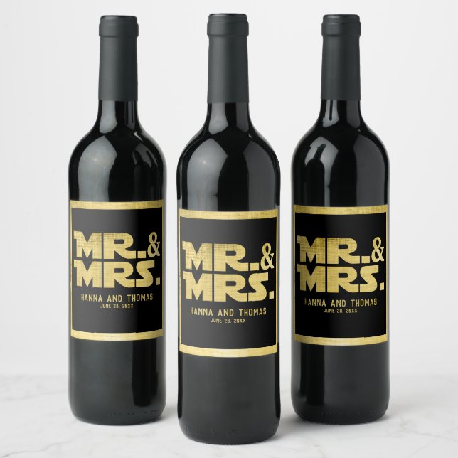 Mr and Mrs Black Gold Sci Fi Theme Wedding Wine Label (Bottles)