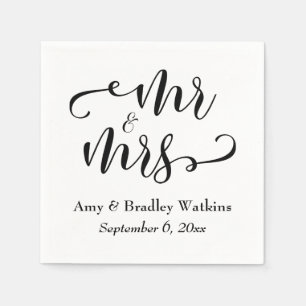"Mr and Mrs" Black on White Typography Wedding Napkin