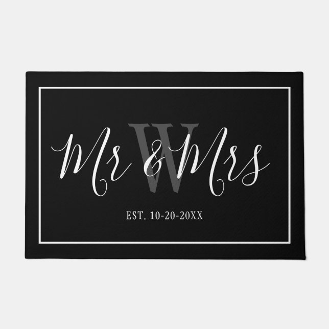 Mr and Mrs Black White Script Custom Monogram Doormat (Front)