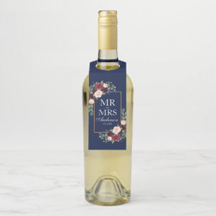 Mr. and Mrs. Blue Burgundy Floral Wedding Bottle Tag