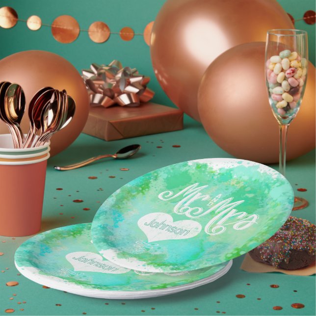 Mr. and Mrs. Blue Green Watercolor Style Paper Plate (Multi)