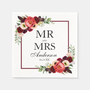 Mr. and Mrs. Boho Burgundy Floral Wedding Napkin