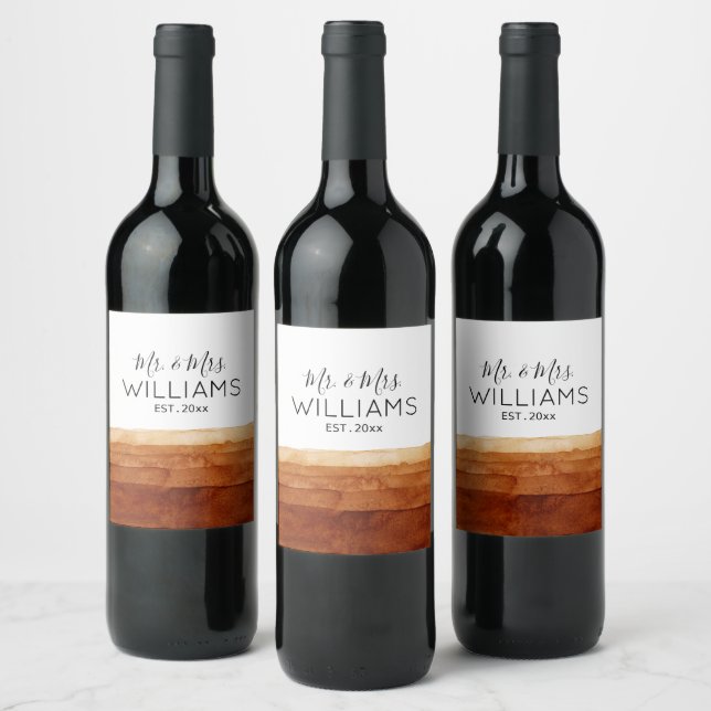 Mr. and Mrs. Boho Watercolor Abstract Desert   Wine Label (Bottles)