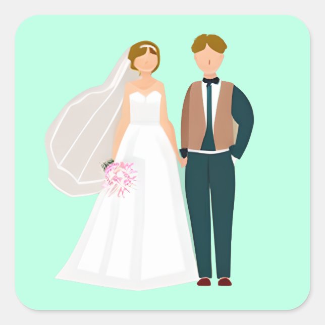 Mr and Mrs Bride and Groom Teal Square Sticker (Front)
