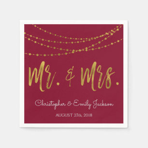 Mr. and Mrs.Burgundy and Gold Foil String Lights Napkin