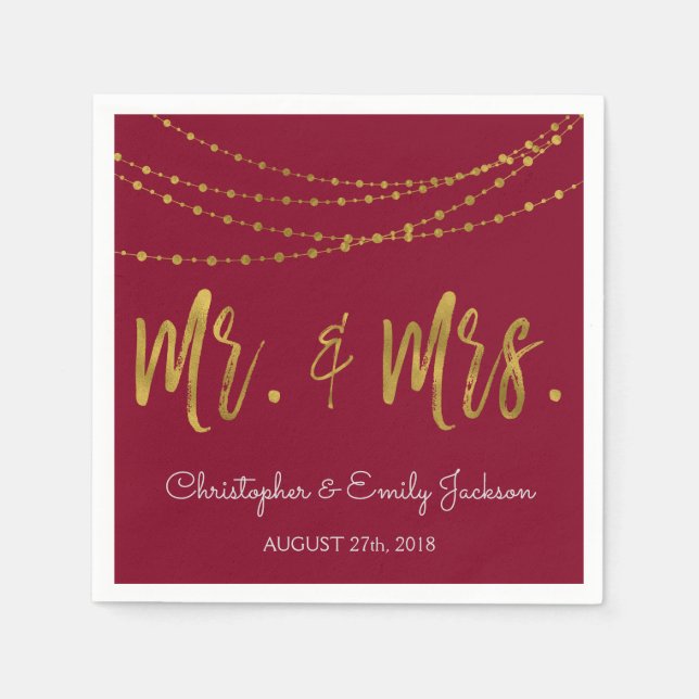 Mr. and Mrs.Burgundy and Gold Foil String Lights Napkin (Front)