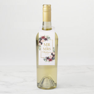 Mr. and Mrs. Burgundy Blue Floral Gold Wedding Bottle Tag