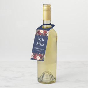 Mr. and Mrs. Burgundy Floral Blue Wedding Bottle Tag