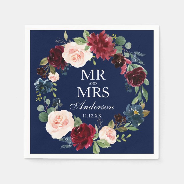 Mr. and Mrs. Burgundy Floral Blue Wedding Napkin (Front)