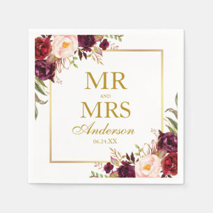 Mr. and Mrs. Burgundy Floral Gold Wedding Napkin