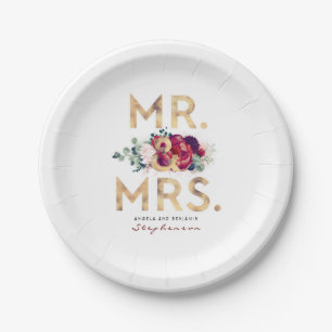 Mr and Mrs Burgundy Red and Gold Floral Typography Paper Plate