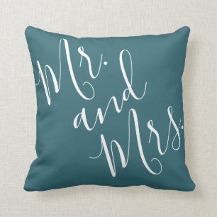 Mr. and Mrs. Calligraphy Peacock Blue (Teal, Aqua) Throw Pillow