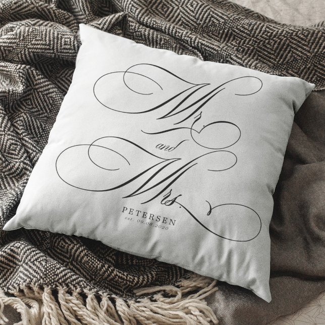 Mr and Mrs calligraphy script personalized wedding Throw Pillow (Creator Uploaded)