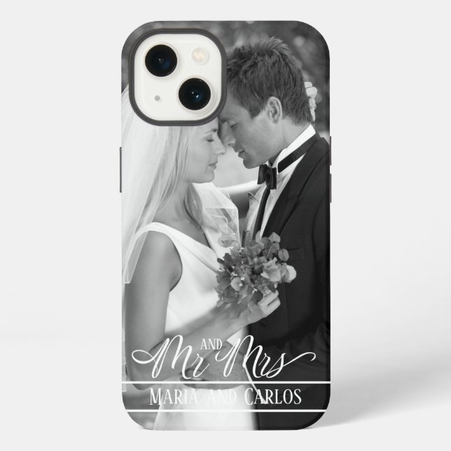 Mr. and Mrs. Calligraphy Script Photo Personalized iPhone Case (Back)