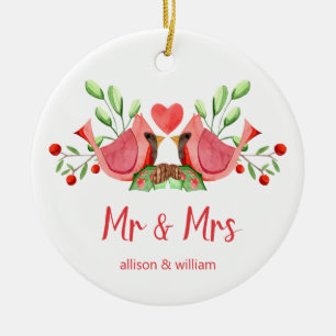Mr and Mrs Cardinal Lovebirds Personalized Ceramic Ornament