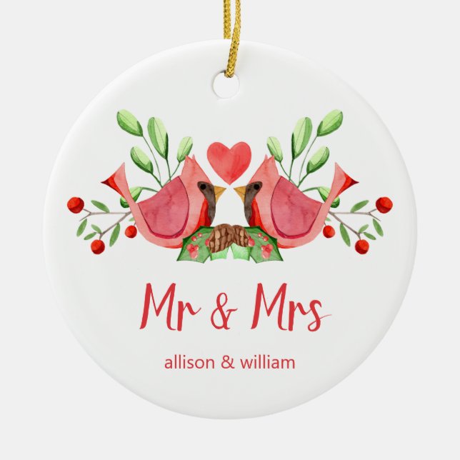 Mr and Mrs Cardinal Lovebirds Personalized Ceramic Ornament (Front)
