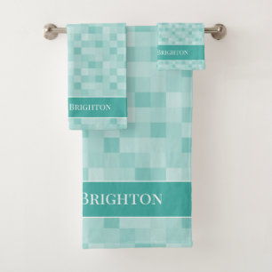 Mr and Mrs chic turquoise blue mosaic tile pattern Bath Towel Set