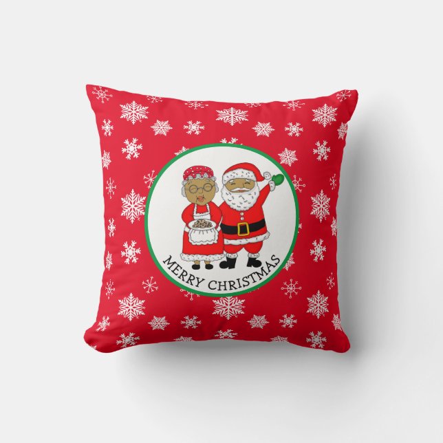 Mr and Mrs Claus, African-American Santa Christmas Throw Pillow (Front)