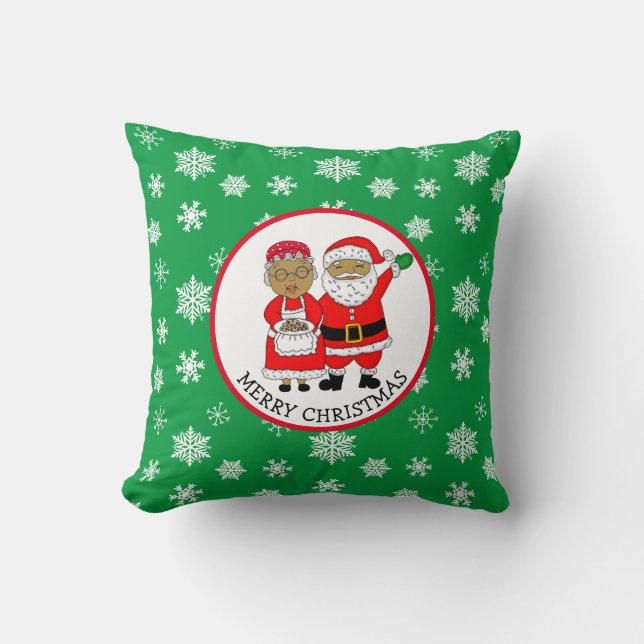 Mr and Mrs Claus, African-American Santa Christmas Throw Pillow (Front)