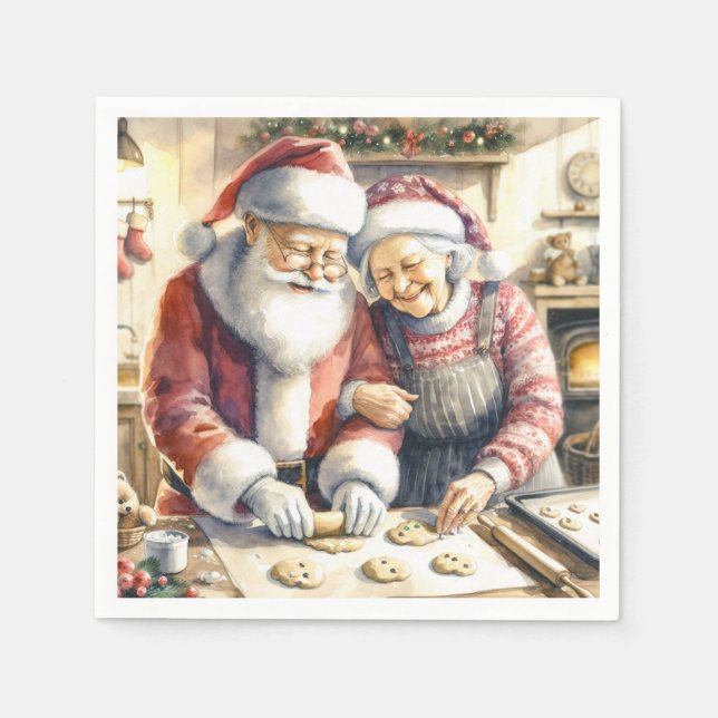 Mr and Mrs Claus Baking Cookies Custom Christmas Napkin (Front)