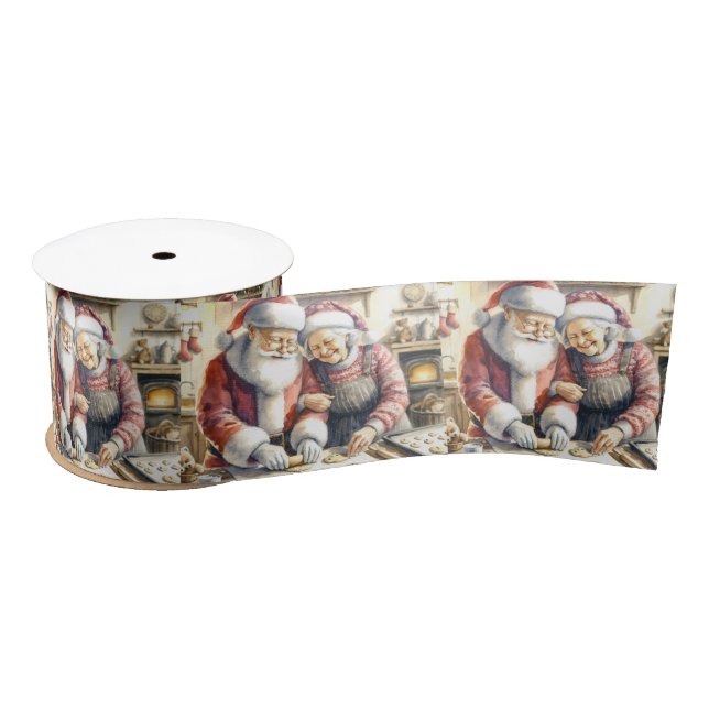 Mr and Mrs Claus Baking Cookies Custom Christmas Satin Ribbon (Spool)