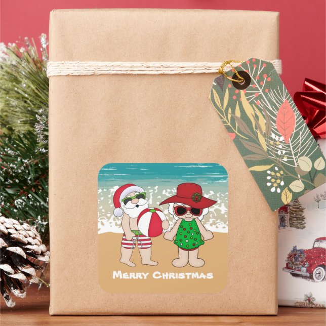 Mr. and Mrs. Claus Christmas Holiday beach Square Sticker (Holiday)