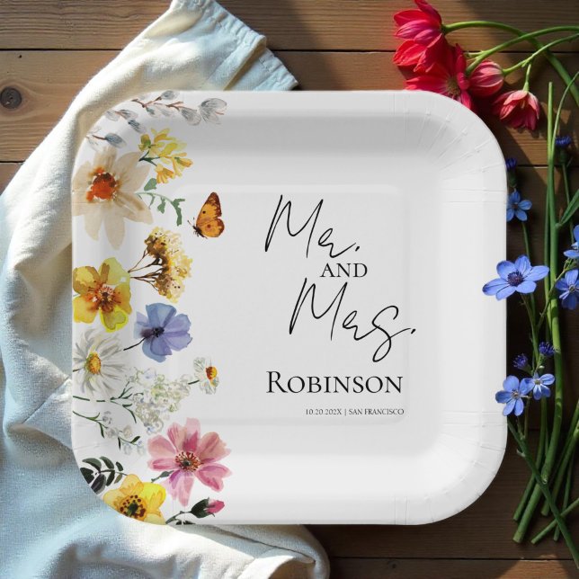 Mr. and Mrs. | Colourful Wildflower Boho Wedding Paper Plate (Creator Uploaded)