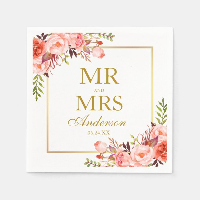 Mr. and Mrs. Coral Floral Gold Wedding Napkin (Front)