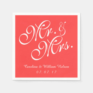 Mr. and Mrs. Coral Red Wedding Paper Napkins