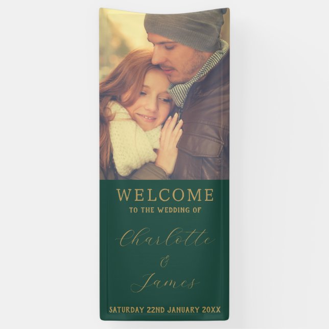 Mr And Mrs Couple Photo Wedding Welcome Green Banner (Vertical)