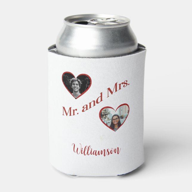 Mr. and Mrs. Custom Last Name Photo Double Hearts  Can Cooler (Can Front)