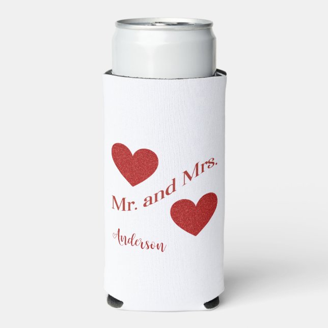 Mr. and Mrs. Custom Surname Double Hearts Date  Seltzer Can Cooler (Seltzer Front)