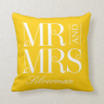 Mr and Mrs Custom Wedding Throw Pillow<br><div class="desc">Background colour can be customized online (to any colour!). Add your photo on the back,  or not! Designed by Berry Berry Sweet {www.berryberrysweet.com}</div>