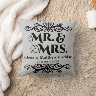 Mr. and Mrs. Customizable Background Colour Weddin Throw Pillow