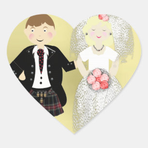 Mr and Mrs Cute Bride and Kilted Groom Heart Sticker