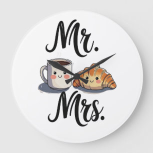 Mr. and Mrs. Cute Coffee and Croissant Couple Desi Large Clock