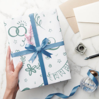 Mr and mrs cute doodles wrapping paper in sage