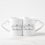 Mr. and Mrs. Darcy Coffee Mug Set<br><div class="desc">Romantic matching mugs for fans of Jane Austen's Pride and Prejudice. Fun gift for a modern day Lizzie Bennet or Mr. Darcy featuring regency style text bordered by an engraved ribbon and wedding band.</div>