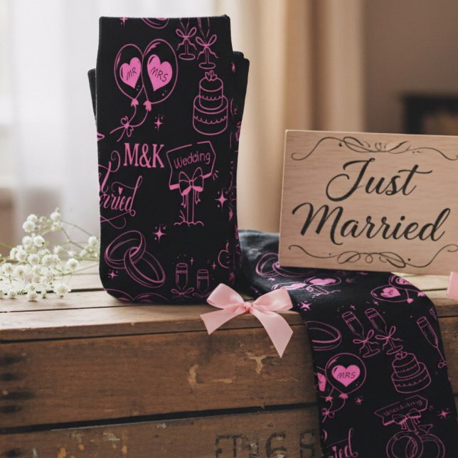 Mr and Mrs Doodle Just Married Pink Monogram Socks (A fun pair of doodle style Just Married socks for the newlyweds. Add their initials)