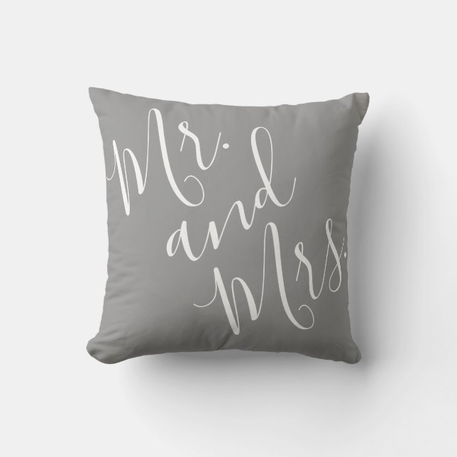 Mr. and Mrs. Elegant Calligraphy Grey White Script Throw Pillow (Front)